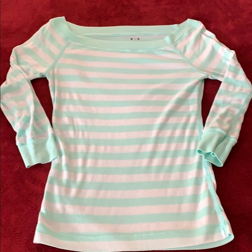 Three Dots Mint Green White Stripe Boat Neck 3/4 Sleeve Top Medium